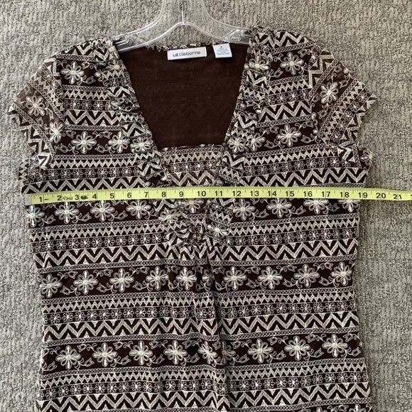 2/$25 Liz Claiborne Brown/Ivory Sheer Embroidered top - Size Small - Picture 5 of 7